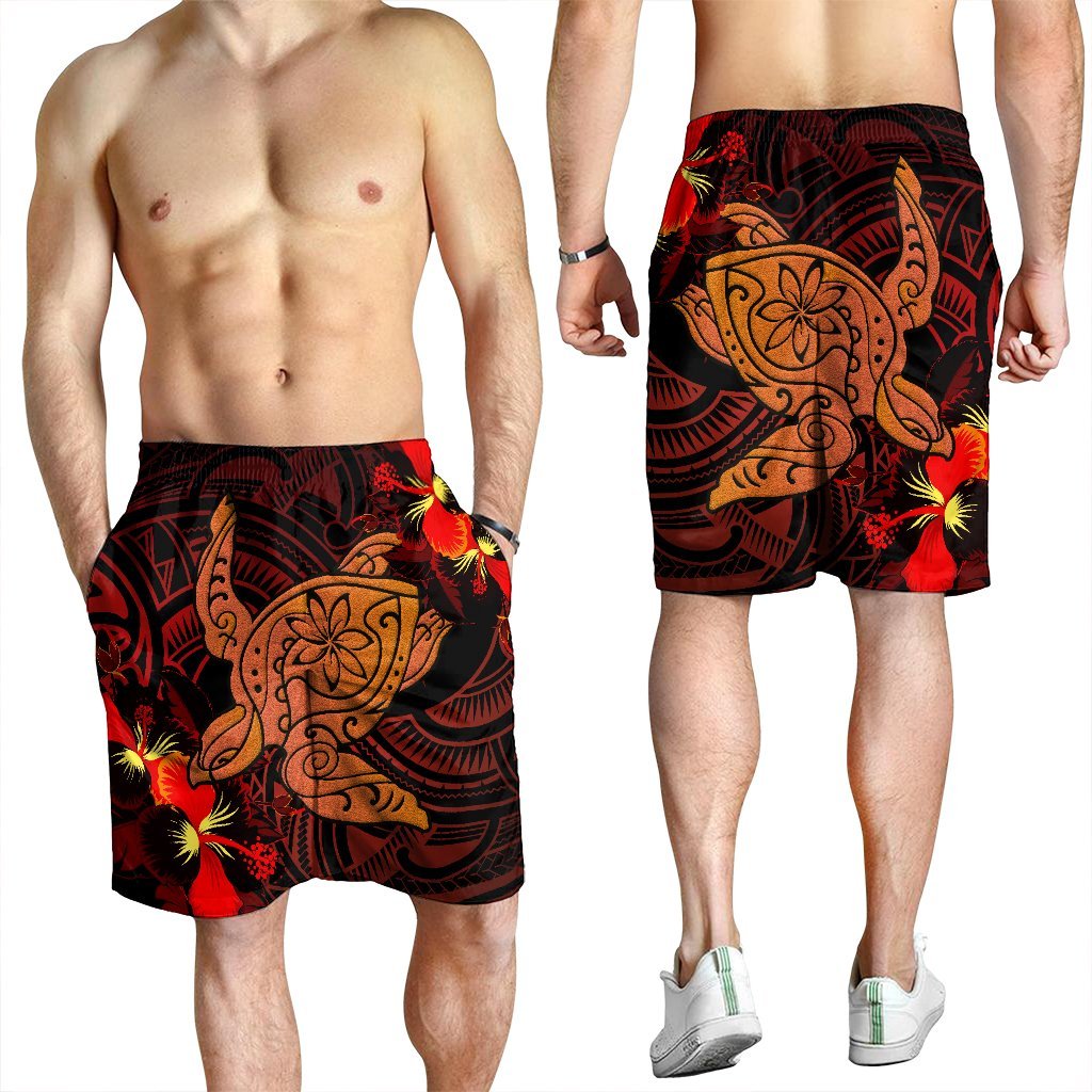 Hawaiian Hibiscus Plumeria Red Big Turtle Polynesian Men's Shorts - AH - Polynesian Pride