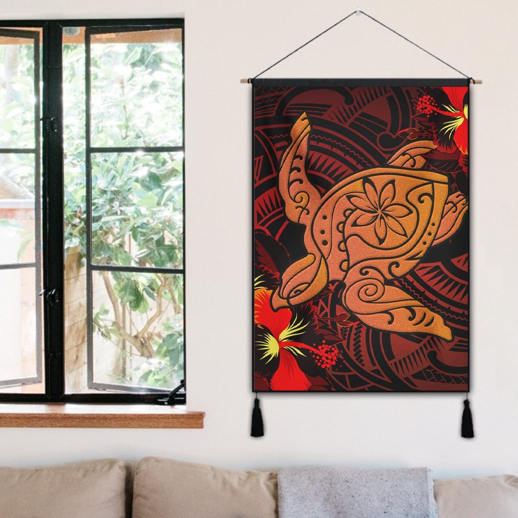 Hawaiian Hibiscus Plumeria Red Big Turtle Polynesian Hanging Poster - AH - Polynesian Pride