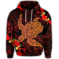 Hawaiian Hibiscus Plumeria Red Big Turtle Polynesian Hoodie - Polynesian Pride