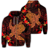 Hawaiian Hibiscus Plumeria Red Big Turtle Polynesian Zip Hoodie Unisex Art - Polynesian Pride