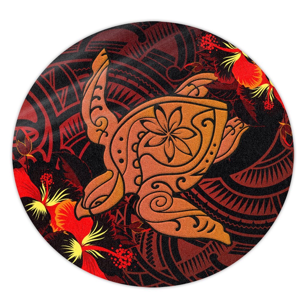 Hawaiian Hibiscus Plumeria Red Big Turtle Polynesian Round Carpet - AH Round Carpet Luxurious Plush - Polynesian Pride