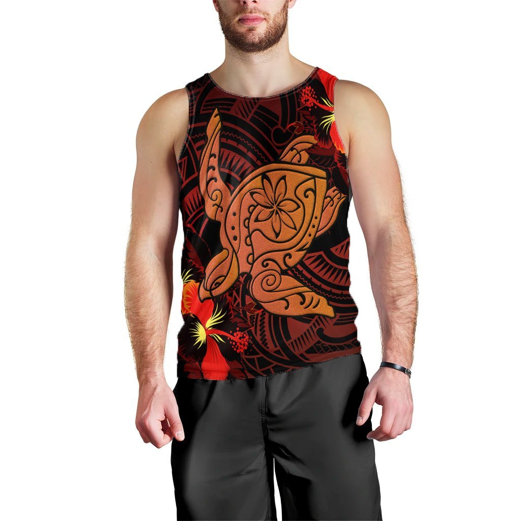 Hawaiian Hibiscus Plumeria Red Big Turtle Polynesian Tank Top - AH Black - Polynesian Pride