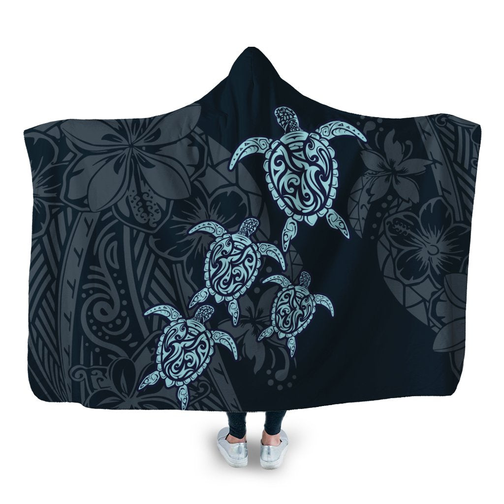 Hawaiian Hibiscus Plumeria Sea Turtle Polynesian Hooded Blanket - AH Hooded Blanket White - Polynesian Pride