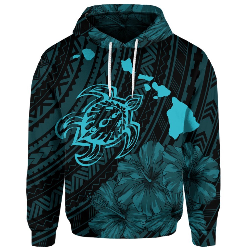 Custom Hawaiian Hibiscus Sea Turtle Swim Polynesian Hoodie Blue - Polynesian Pride
