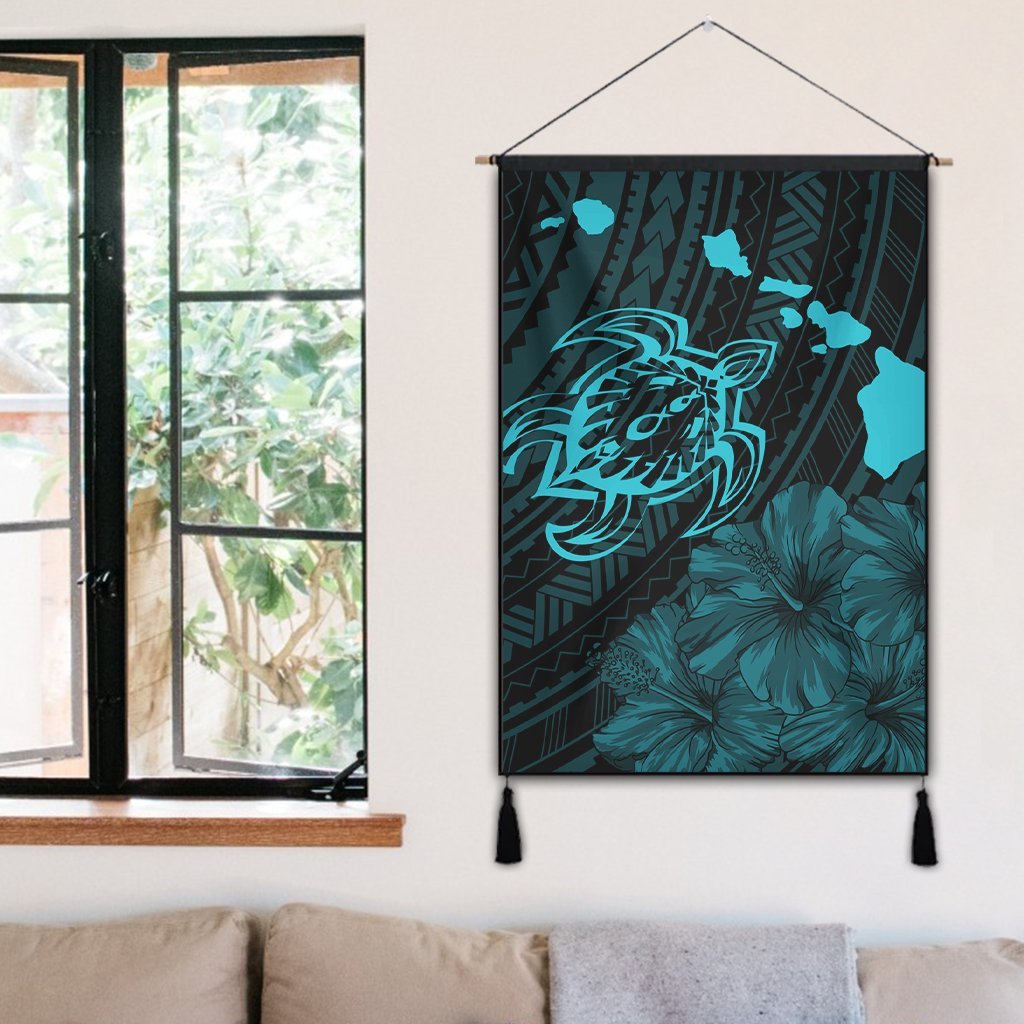 Hawaiian Hibiscus Sea Turtle Swim Polynesian Hanging Poster - Blue - AH - Polynesian Pride