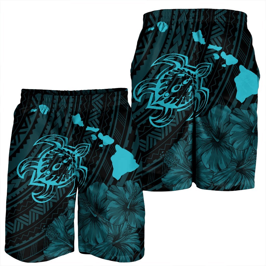 Hawaiian Hibiscus Sea Turtle Swim Polynesian Men's Shorts - Blue - AH - Polynesian Pride
