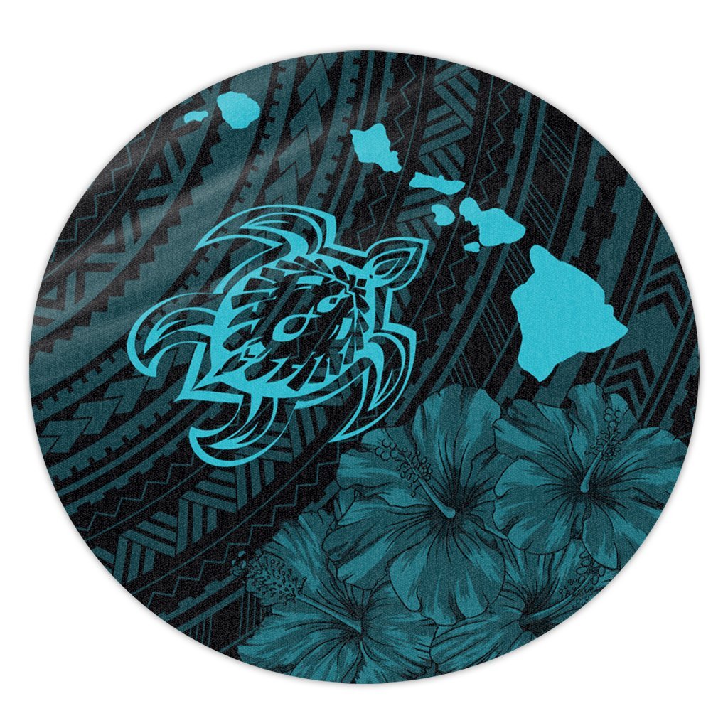 Hawaiian Hibiscus Sea Turtle Swim Polynesian Round Carpet - Blue - AH Round Carpet Luxurious Plush - Polynesian Pride