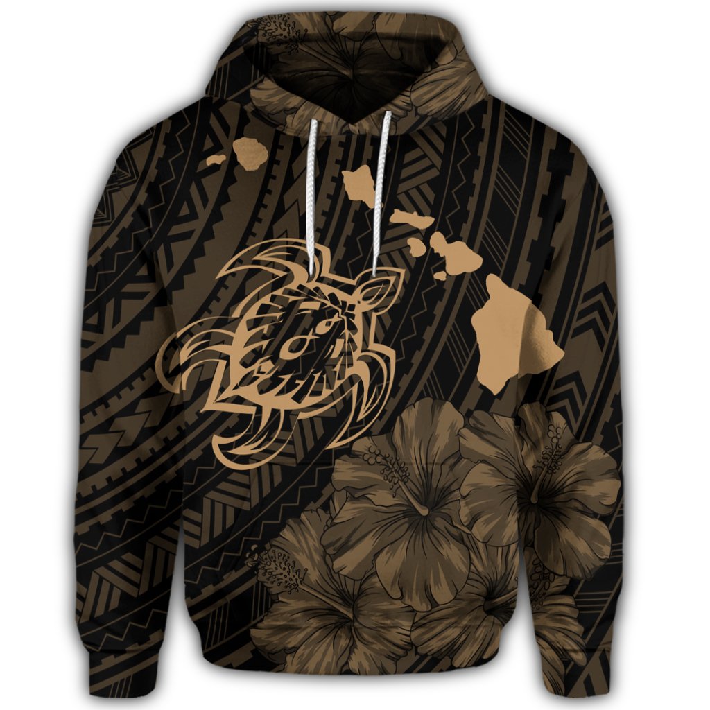 Hawaiian Hibiscus Sea Turtle Swim Polynesian Hoodie Gold - Polynesian Pride