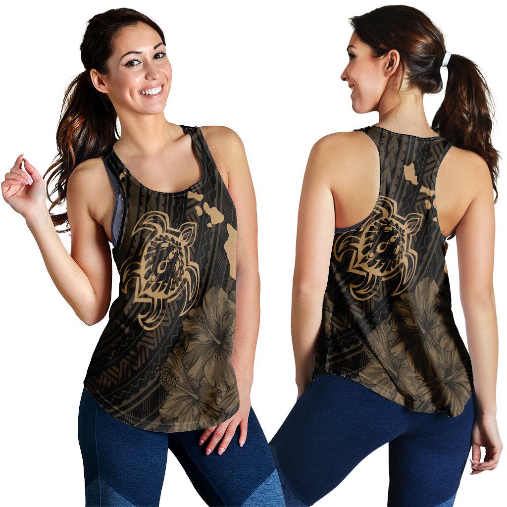 Hawaiian Hibiscus Sea Turtle Swim Polynesian Racerback Tank - Gold - AH Black - Polynesian Pride