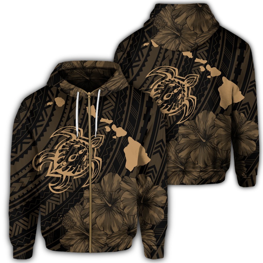 Hawaiian Hibiscus Sea Turtle Swim Polynesian Zip Hoodie Gold Unisex Art - Polynesian Pride