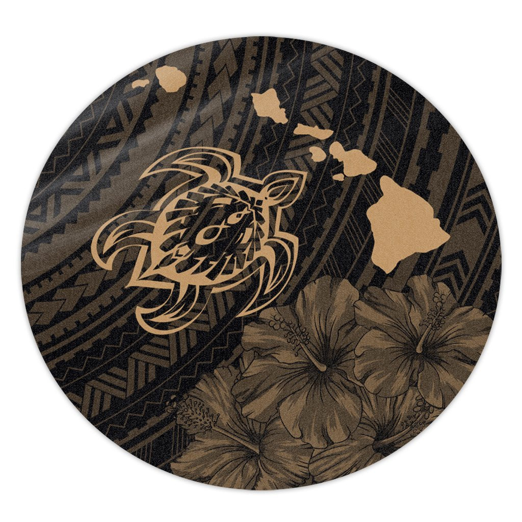 Hawaiian Hibiscus Sea Turtle Swim Polynesian Round Carpet - Gold - AH Round Carpet Luxurious Plush - Polynesian Pride