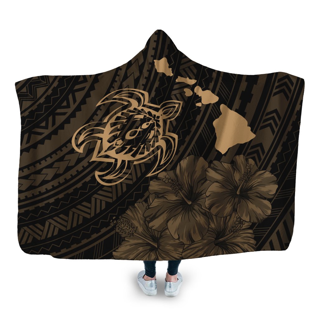 Hawaiian Hibiscus Sea Turtle Swim Polynesian Hooded Blanket - Gold - AH Hooded Blanket White - Polynesian Pride