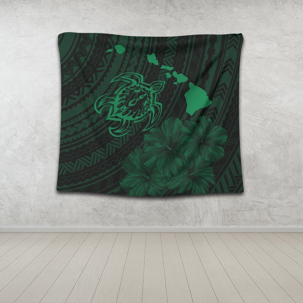 Hawaiian Hibiscus Sea Turtle Swim Polynesian Tapestry - Green - AH - Polynesian Pride