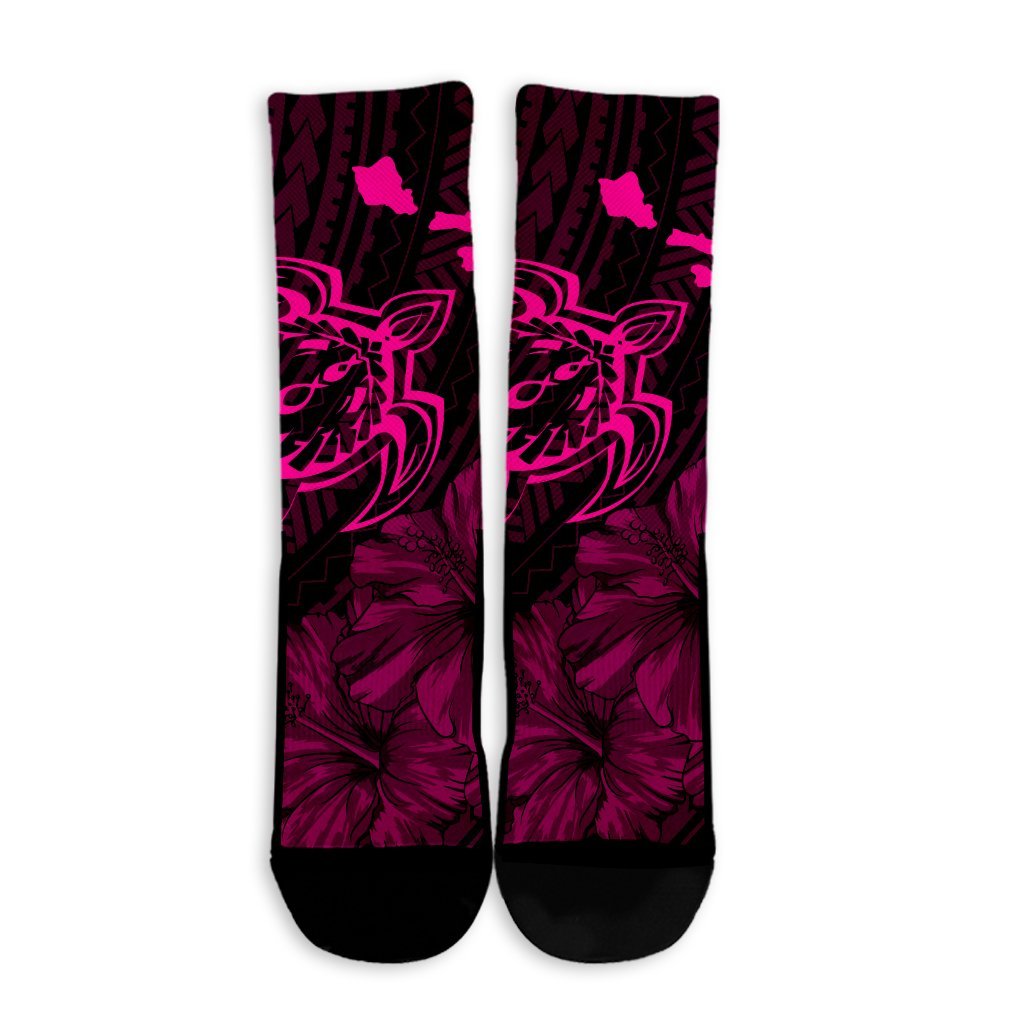Hawaiian Hibiscus Sea Turtle Swim Polynesian Crew Socks - Pink - AH - Polynesian Pride