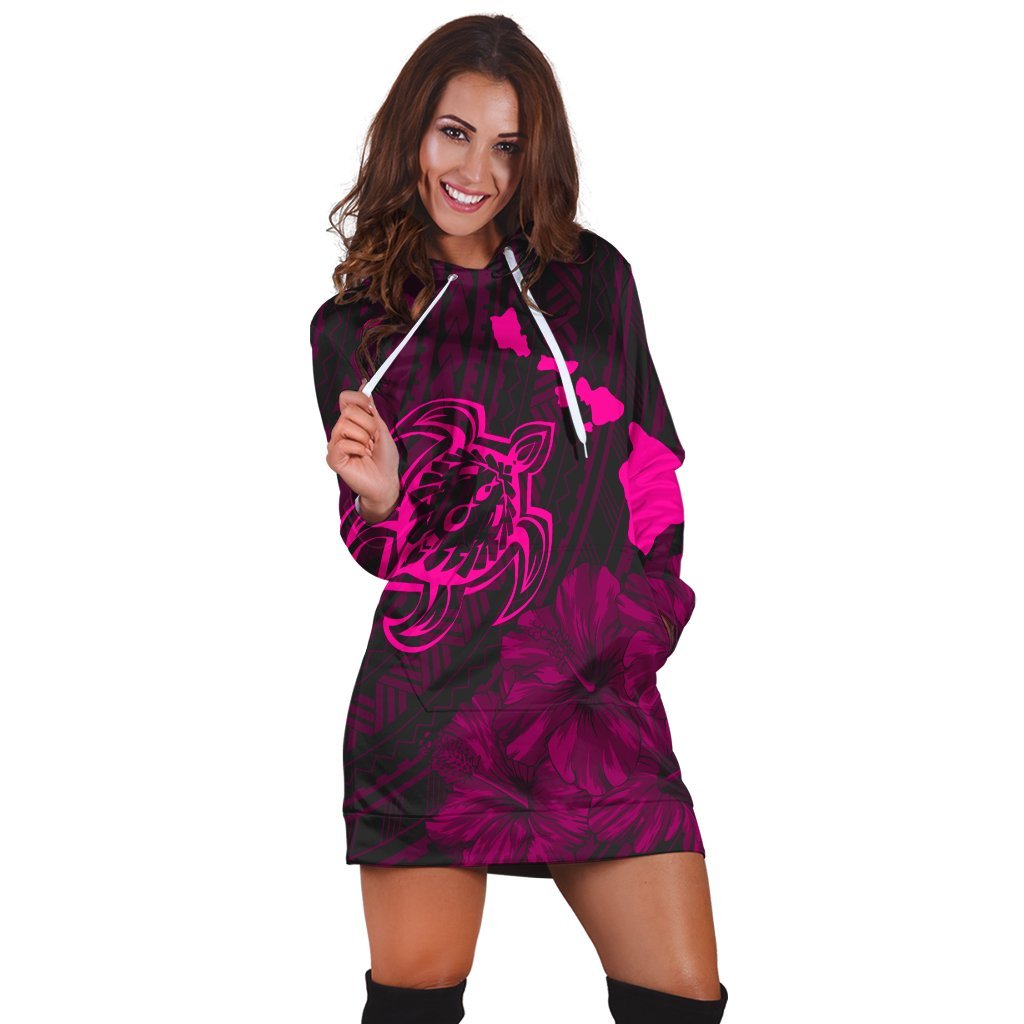 Hawaiian Hibiscus Sea Turtle Swim Polynesian Hoodie Dress - Pink - AH - Polynesian Pride