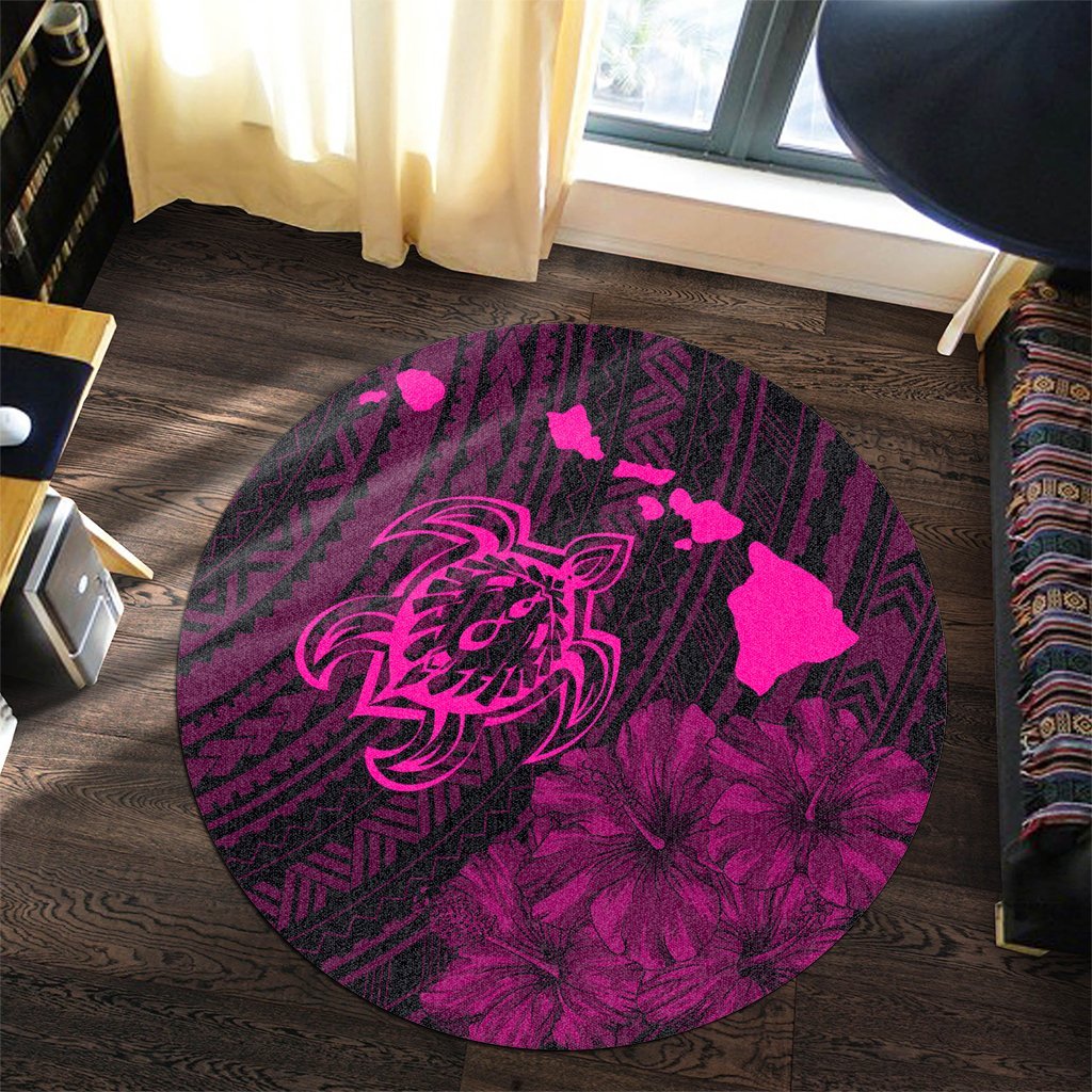 Hawaiian Hibiscus Sea Turtle Swim Polynesian Round Carpet - Pink - AH - Polynesian Pride