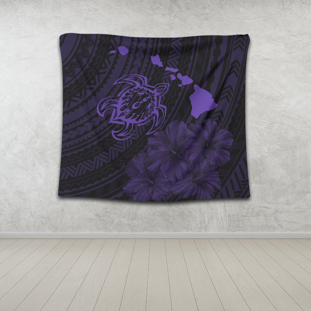 Hawaiian Hibiscus Sea Turtle Swim Polynesian Tapestry - Purple - AH - Polynesian Pride