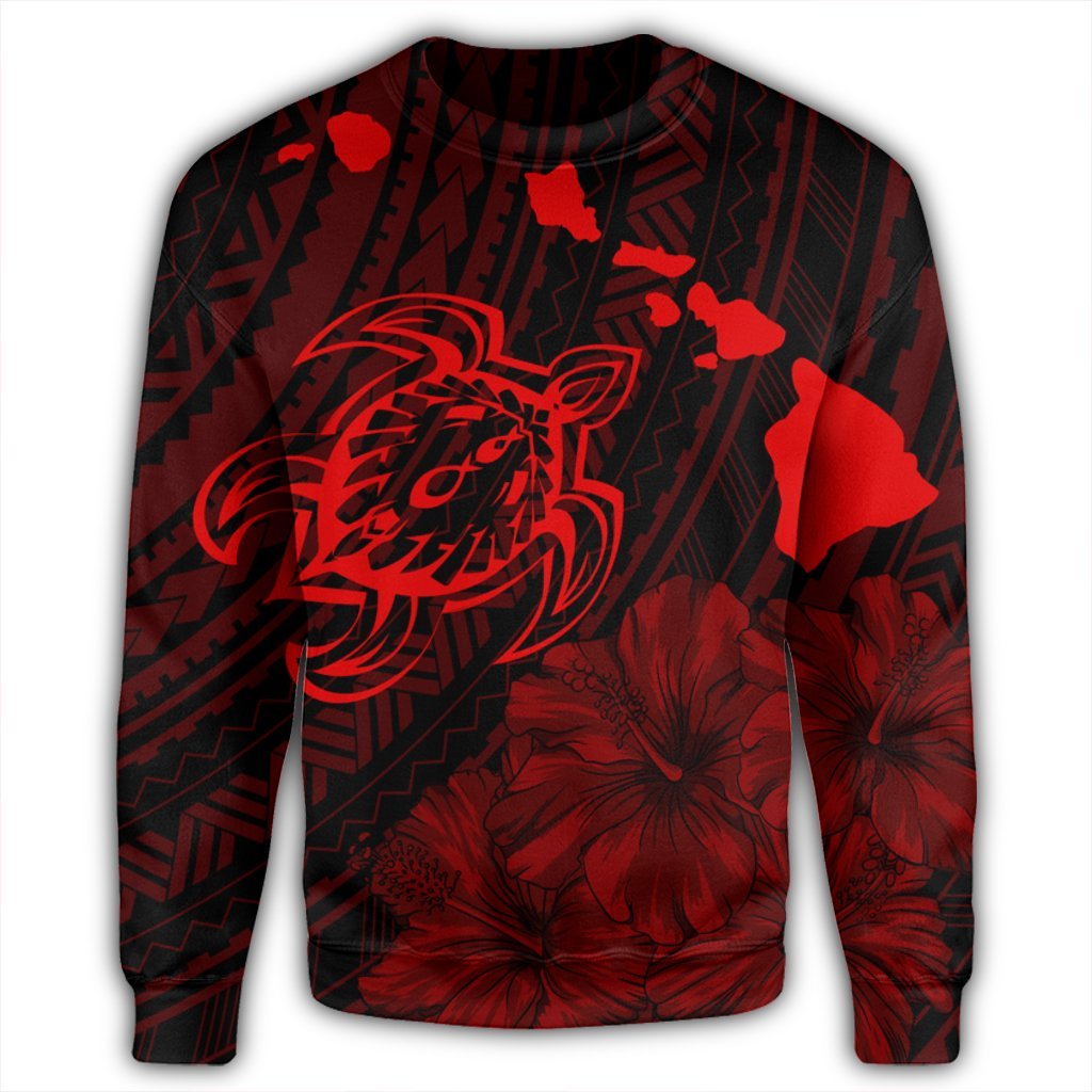 Hawaiian Hibiscus Sea Turtle Swim Polynesian Sweatshirt - Red - AH - Polynesian Pride