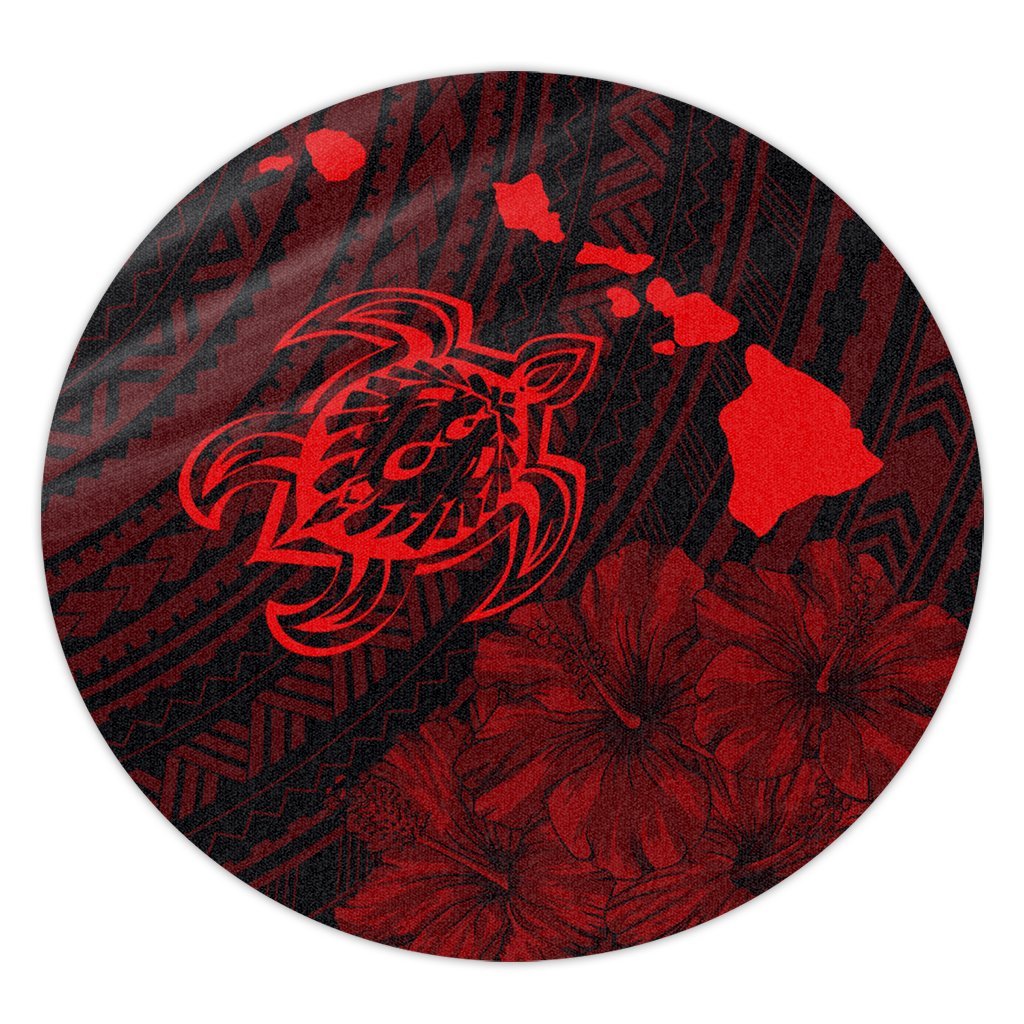 Hawaiian Hibiscus Sea Turtle Swim Polynesian Round Carpet - Red - AH Round Carpet Luxurious Plush - Polynesian Pride