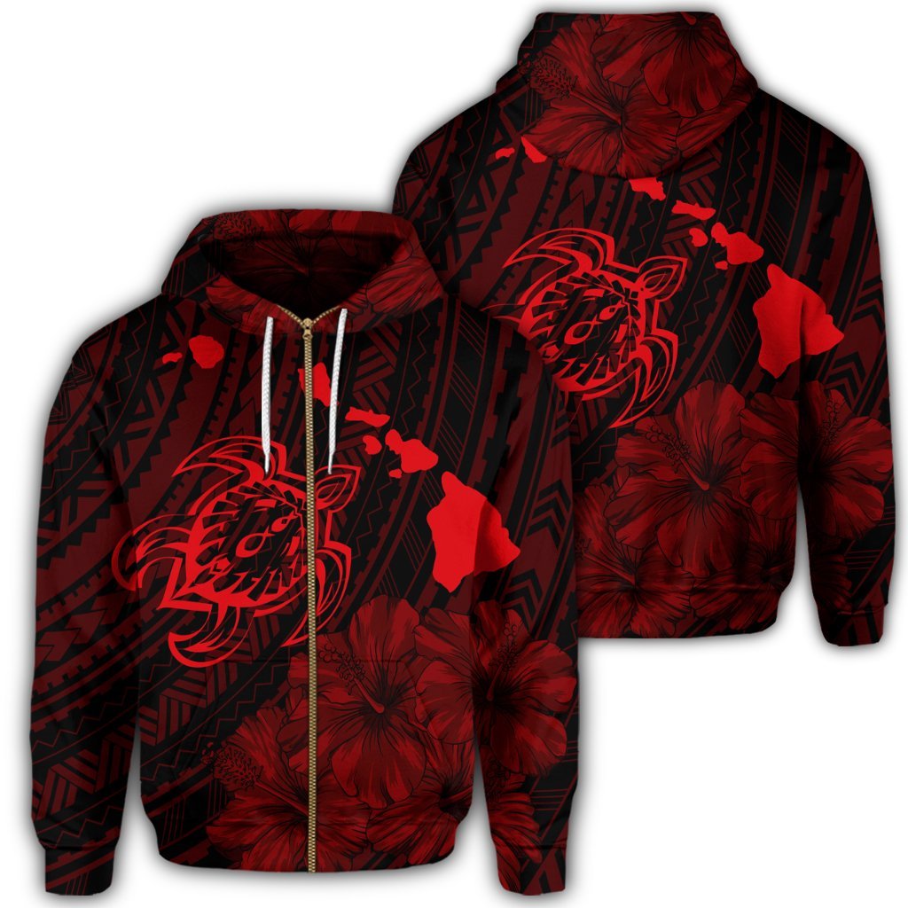 Hawaiian Hibiscus Sea Turtle Swim Polynesian Zip Hoodie Red Unisex Art - Polynesian Pride