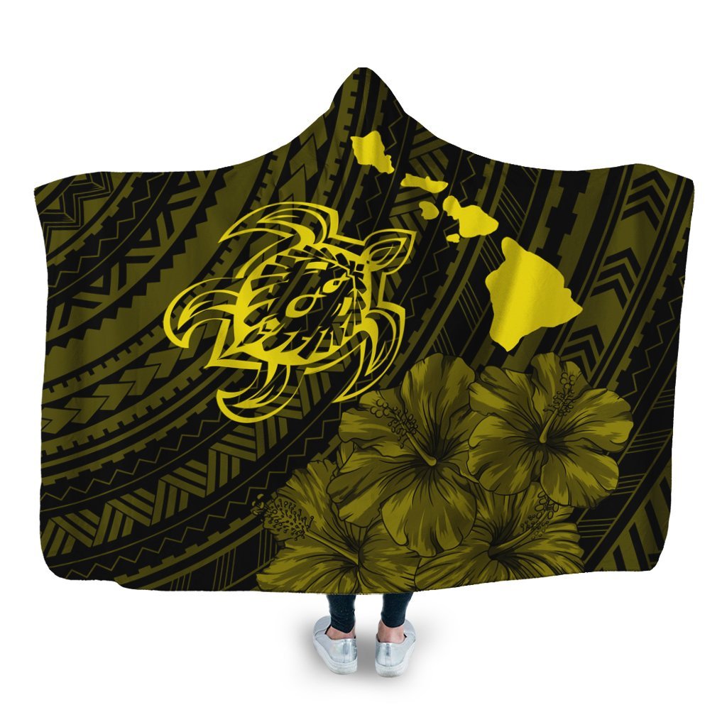 Hawaiian Hibiscus Sea Turtle Swim Polynesian Hooded Blanket - Yellow - AH Hooded Blanket White - Polynesian Pride