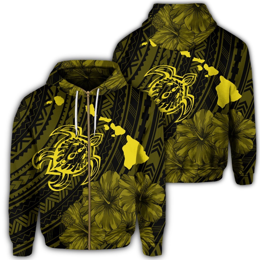 Hawaiian Hibiscus Sea Turtle Swim Polynesian Zip Hoodie Yellow Unisex Art - Polynesian Pride