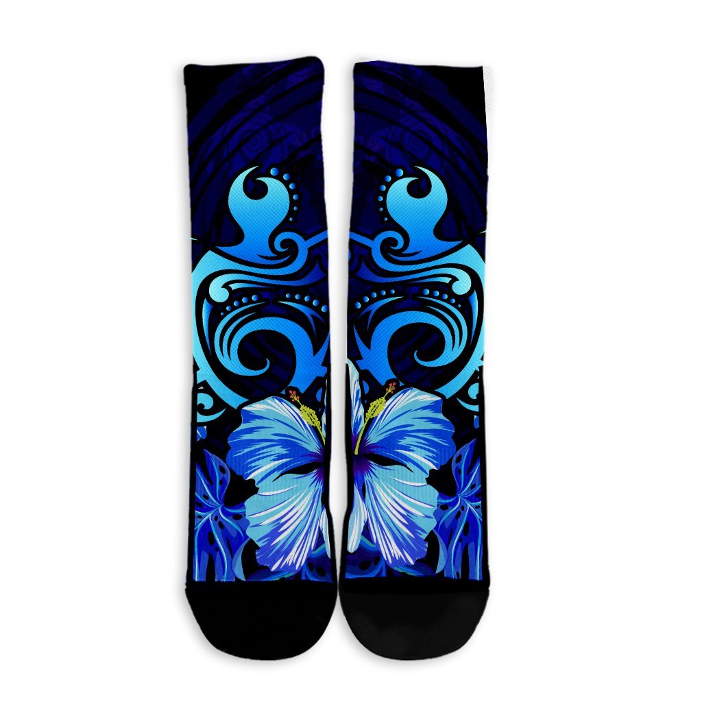 Hawaiian Hibiscus Tropical Deep Ocean Turtle Sea Crew Socks - AH - Polynesian Pride