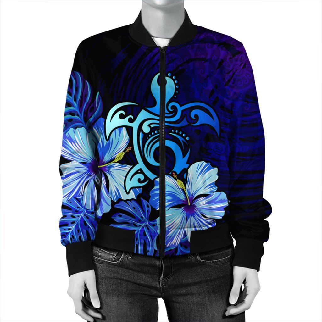 Hawaiian Hibiscus Tropical Deep Ocean Turtle Sea Bomber Jacket - AH - Polynesian Pride