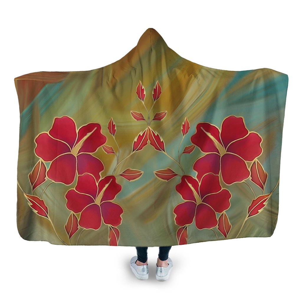 Hawaiian Hibiscus Water Color Hooded Blanket - AH Hooded Blanket White - Polynesian Pride