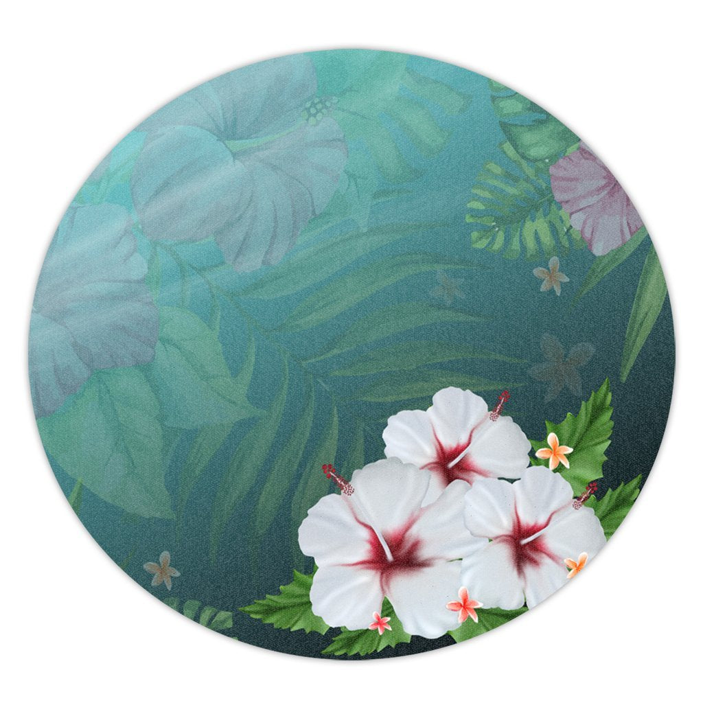 Hawaiian Hibiscus White Flower Gleeful Round Carpet - AH Round Carpet Luxurious Plush - Polynesian Pride