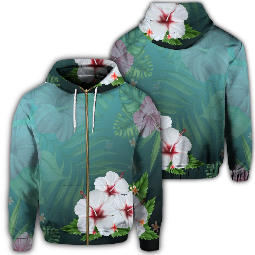 Hawaiian Hibiscus White Flower Gleeful Zip Hoodie Unisex Art - Polynesian Pride