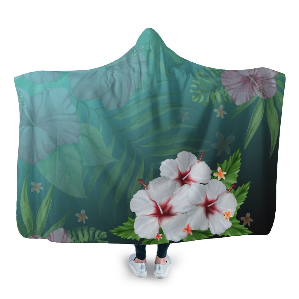 Hawaiian Hibiscus White Flower Gleeful Hooded Blanket - AH Hooded Blanket White - Polynesian Pride