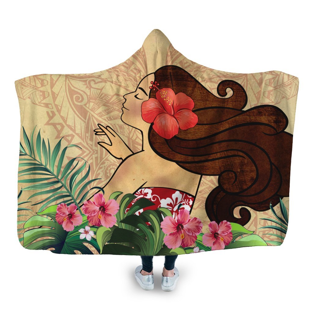 Hawaiian Hula Girl And Hibiscus Polynesian Hooded Blanket - AH Hooded Blanket White - Polynesian Pride