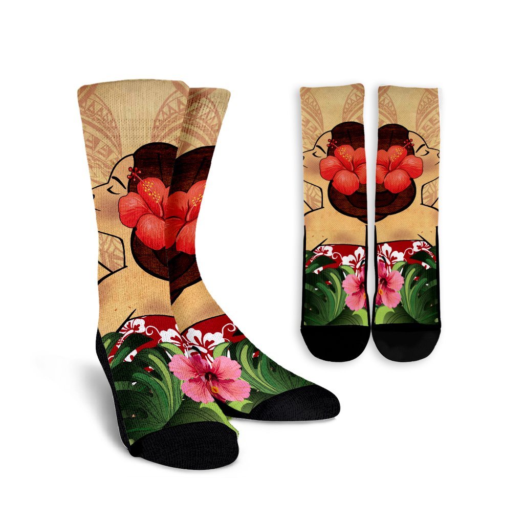 Hawaiian Hula Girl And Hibiscus Polynesian Crew Socks - AH Crew Socks White - Polynesian Pride