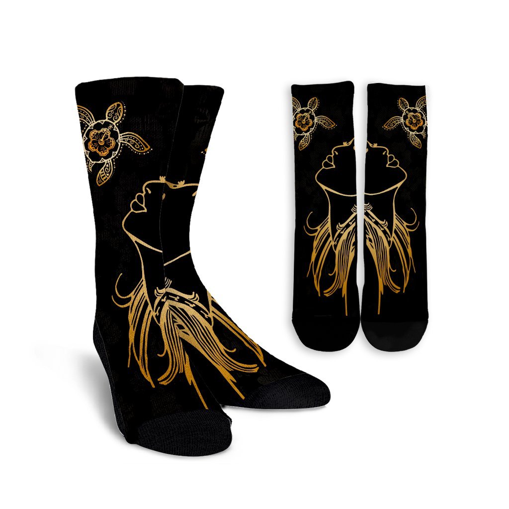 Hawaiian Hula Girl And Turtle Hibiscus Crew Socks - AH Crew Socks White - Polynesian Pride