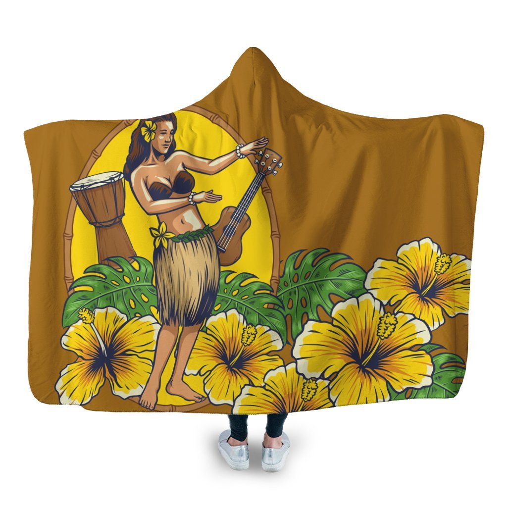 Hawaiian Hula Girl Monstera Hibiscus Polynesian Hooded Blanket - AH Hooded Blanket White - Polynesian Pride