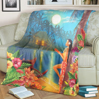 Hawaiian Hula Girl Sing In Aboriginal Village Aat Night Premium Blankets - AH - Polynesian Pride
