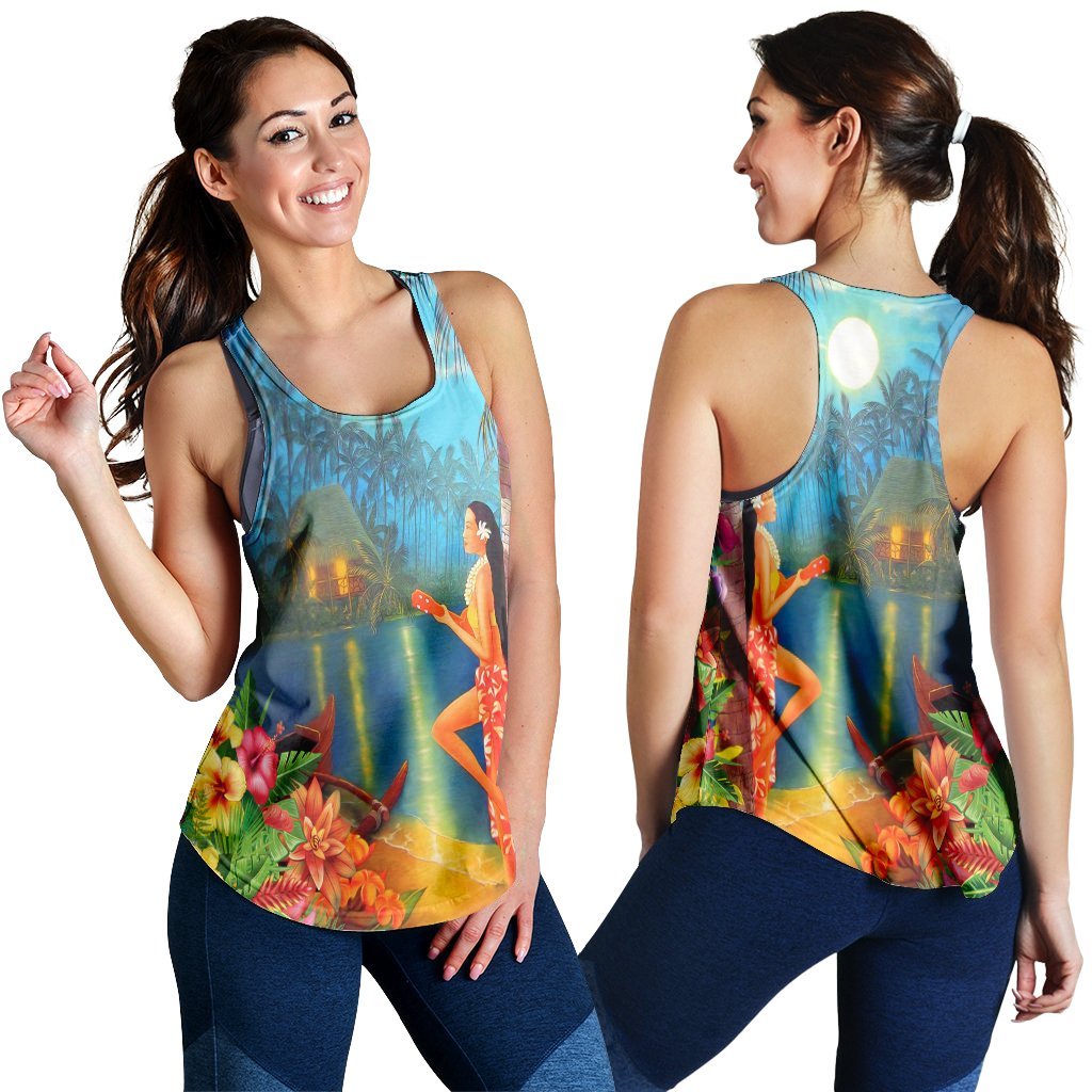 Hawaiian Hula Girl Sing In Aboriginal Village Aat Night Racerback Tank - AH Black - Polynesian Pride