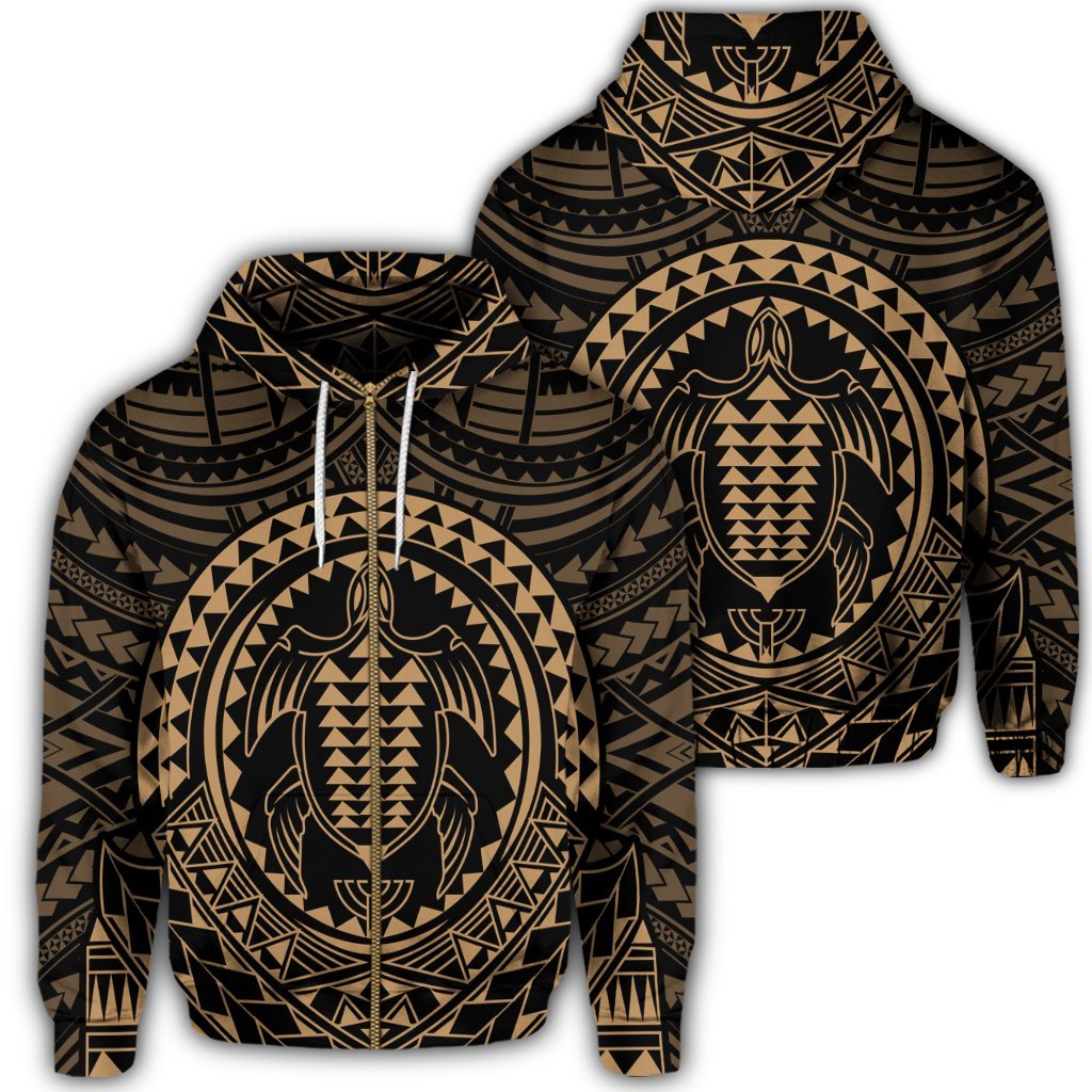 Hawaiian Kakau Honu Arc Polynesian Gold Zip Hoodie Unisex Art - Polynesian Pride