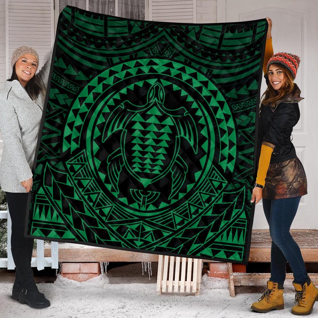 Hawaiian Kakau Honu Arc Polynesian Green Premium Quilts - AH - Polynesian Pride