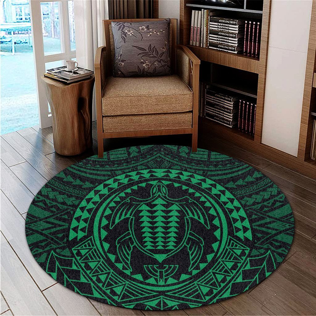 Hawaiian Kakau Honu Arc Polynesian Green Round Carpet - AH - Polynesian Pride