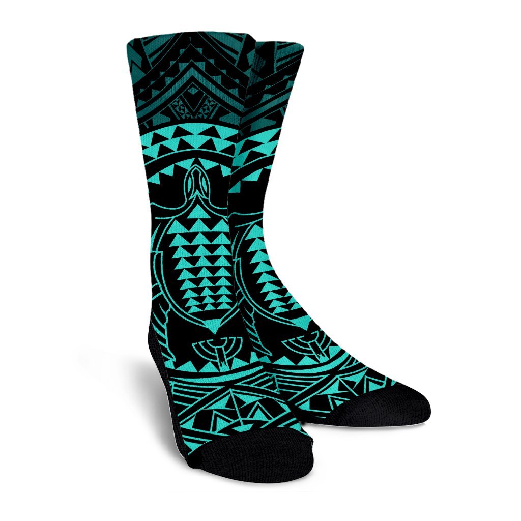 Hawaiian Kakau Honu Arc Polynesian Turquoise Crew Socks - AH - Polynesian Pride