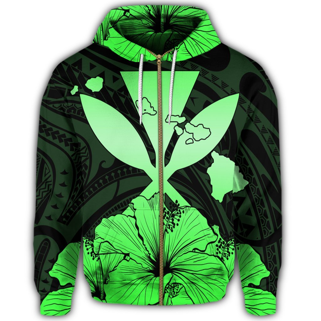 Hawaiian Kanaka Zip Hoodie Hibiscus Polynesian Love Green - Polynesian Pride