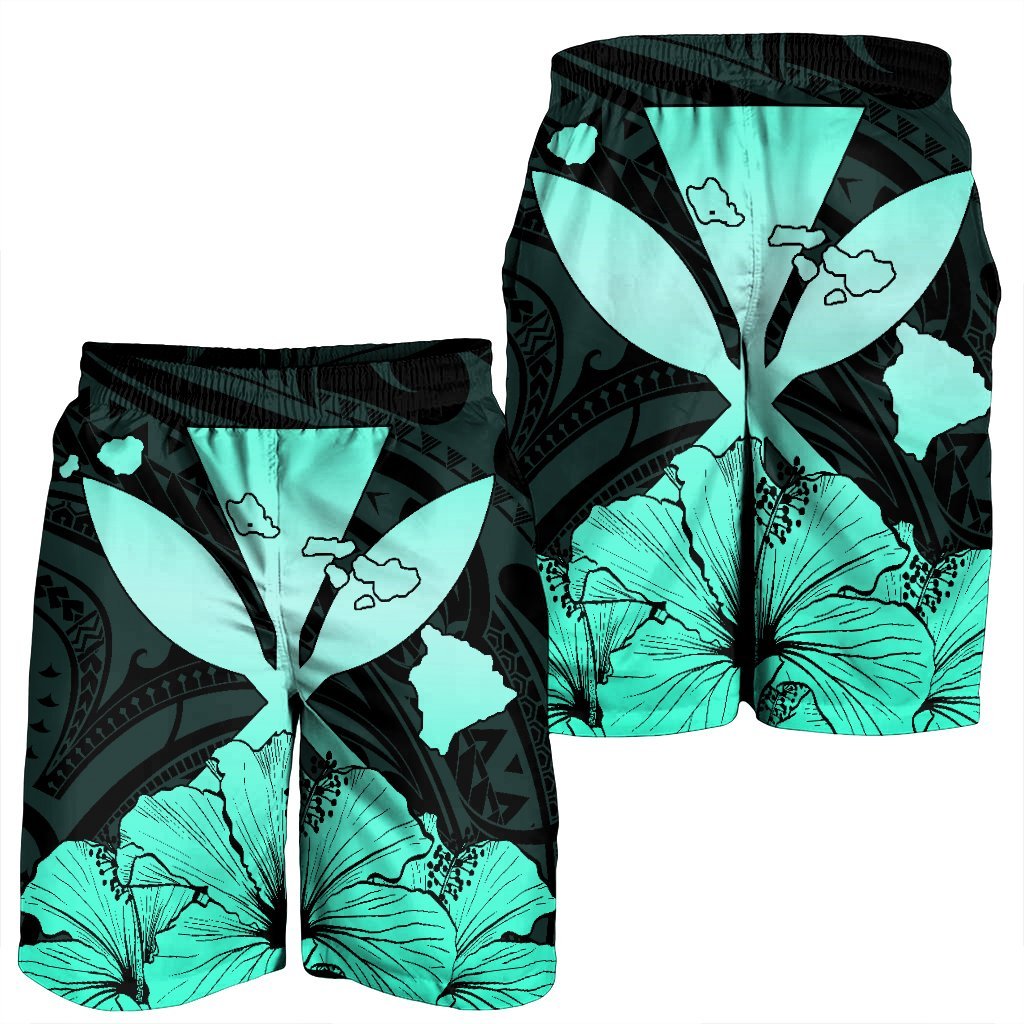 Hawaiian Kanaka Men's Shorts Hibiscus Polynesian Love - Turquoise - AH - Polynesian Pride