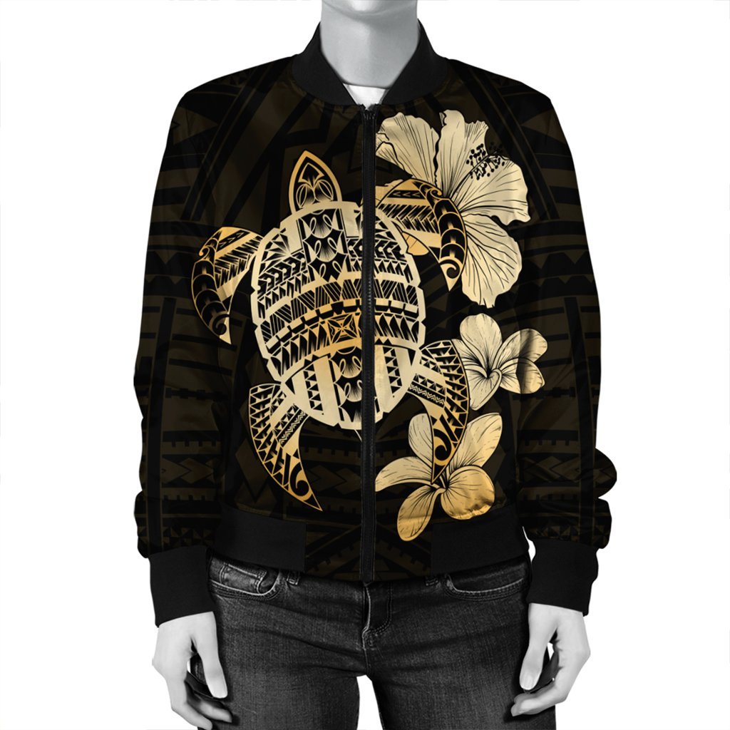 Hawaiian Kanaka Hibiscus Plumeria Mix Polynesian Turtle Bomber Jacket - AH - Polynesian Pride