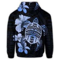 Hawaiian Kanaka Hibiscus Plumeria Mix Polynesian Turtle Zip Hoodie Blue - Polynesian Pride