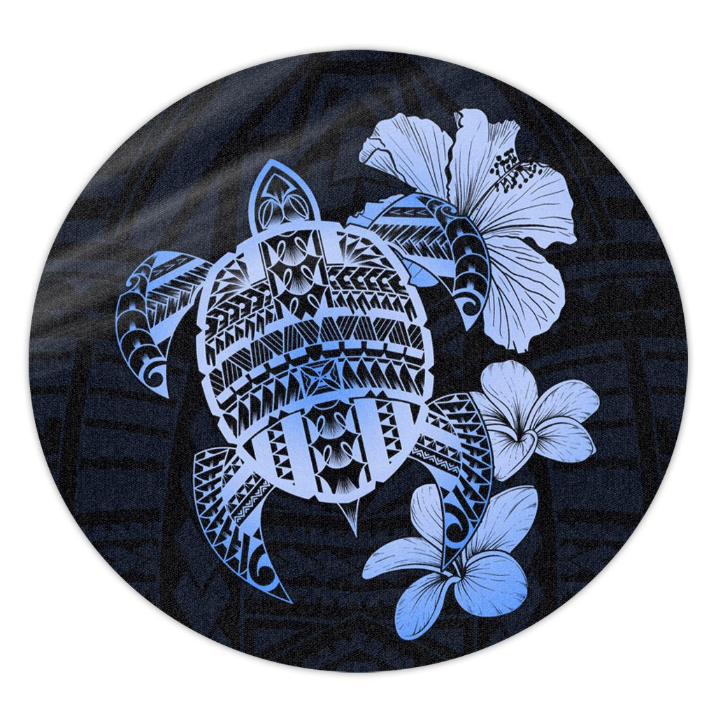 Hawaiian Kanaka Hibiscus Plumeria Mix Polynesian Turtle Round Carpet - Blue - AH Round Carpet Luxurious Plush - Polynesian Pride