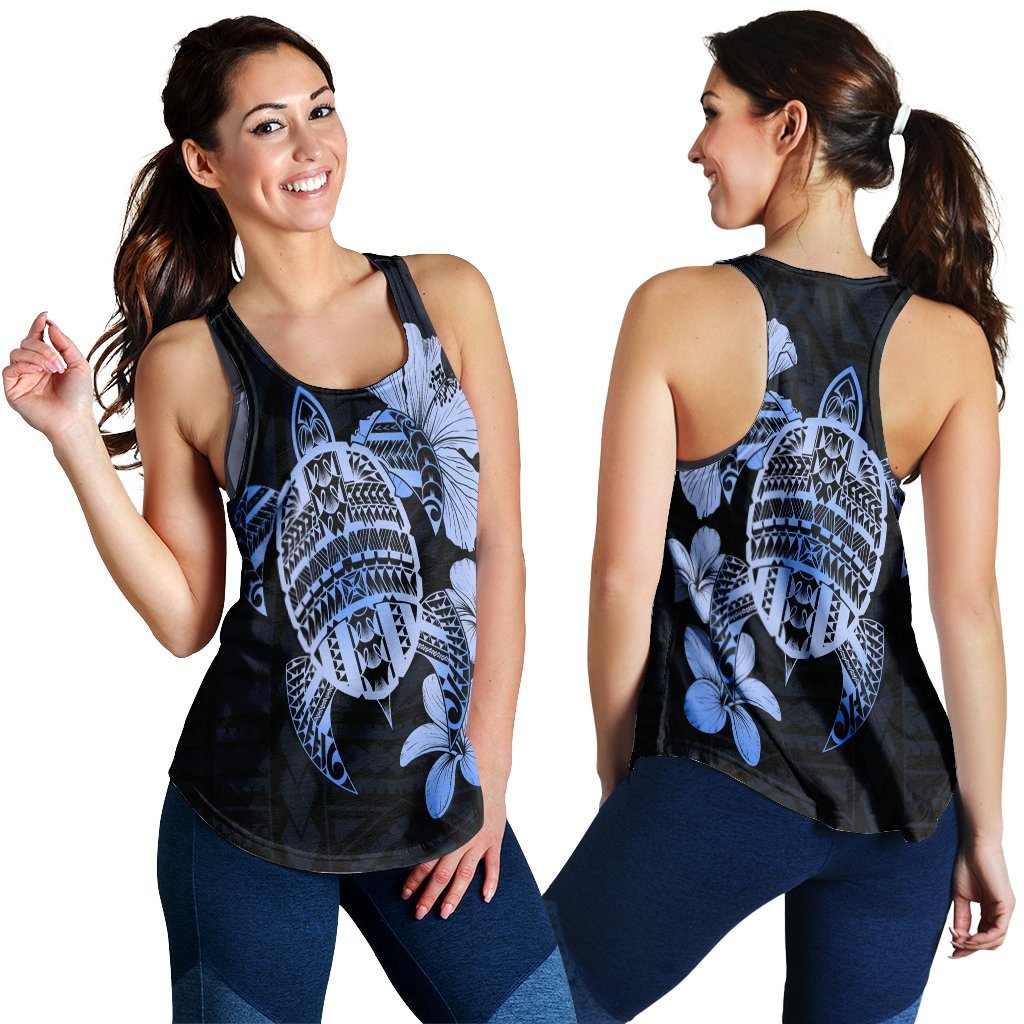 Hawaiian Kanaka Hibiscus Plumeria Mix Polynesian Turtle Racerback Tank - Blue - AH Black - Polynesian Pride