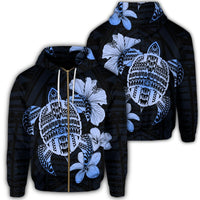 Hawaiian Kanaka Hibiscus Plumeria Mix Polynesian Turtle Zip Hoodie Blue Unisex Art - Polynesian Pride