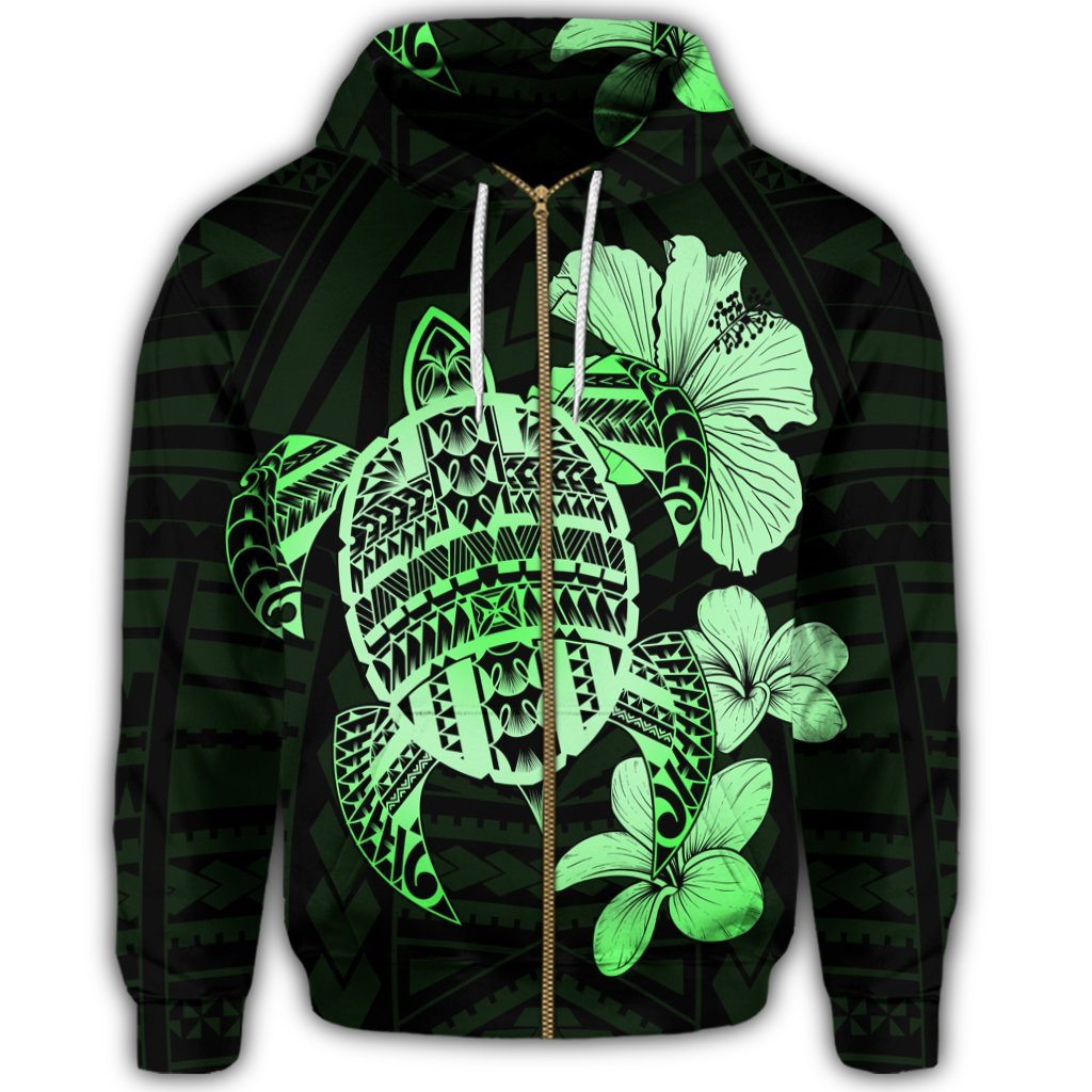 Hawaiian Kanaka Hibiscus Plumeria Mix Polynesian Turtle Zip Hoodie Green - Polynesian Pride